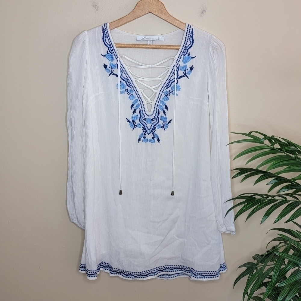 Lovers + Friends Dance with Me White & Blue Embroidered Dress Size XS